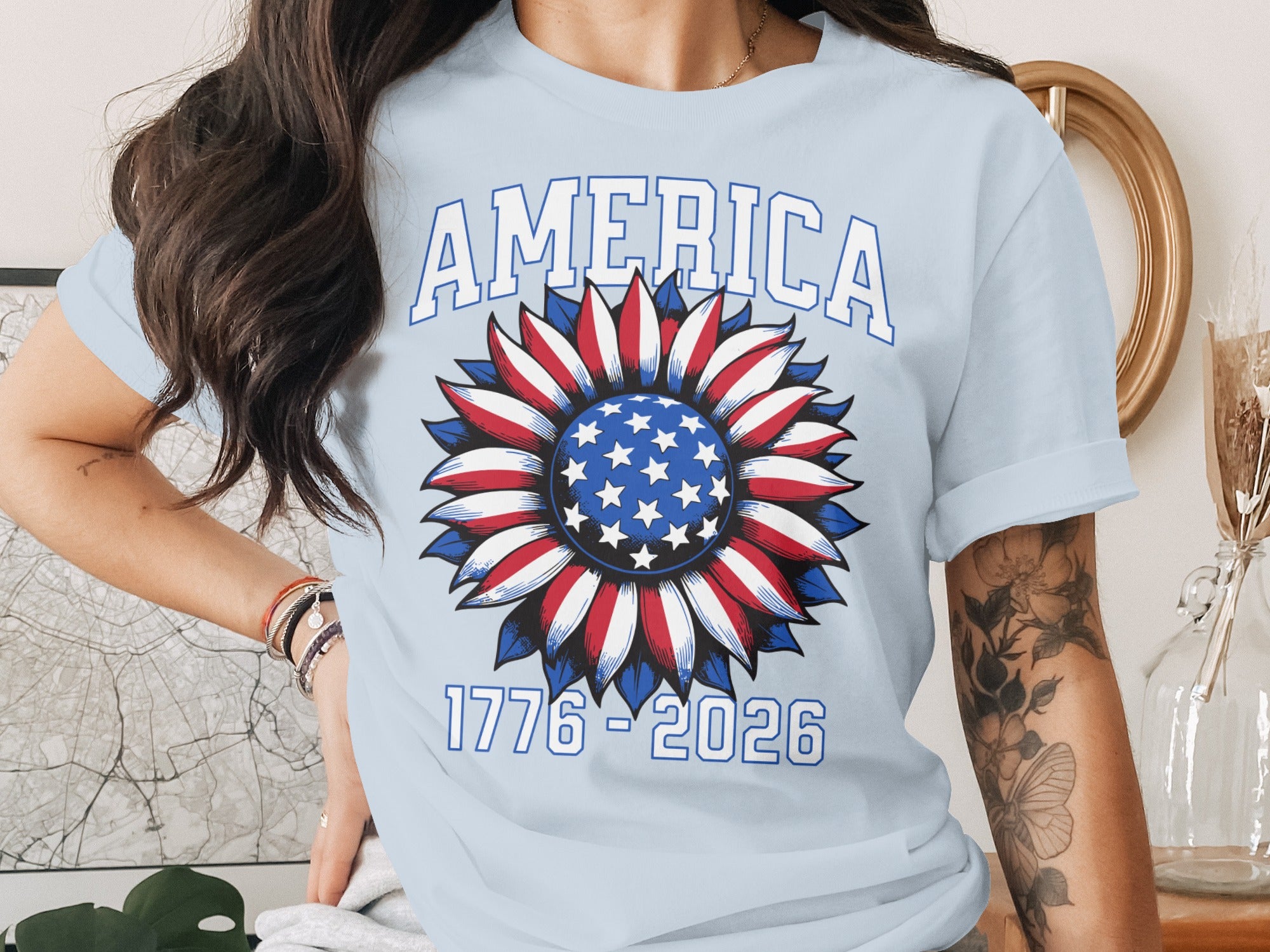 America 1776-2026 Patriotic Sunflower Design T-Shirt
